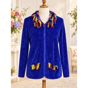 Victoria Harbour Blue Chenille Zip Cardigan Sweater Rainbow Fringe Pockets